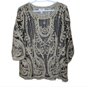 CATO Embroidered Detail Sheer Top Black & Champagne Formal Blouse Small